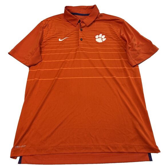 Clemson Tigers Polo Nike Shirt Mens L Orange Striped Golf Football Dri Fit Sport - Picture 1 of 10